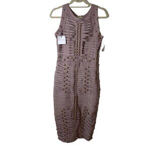 Michael Costello Womens Dress Size Large Blush Bondage Body Con Midi Gold New